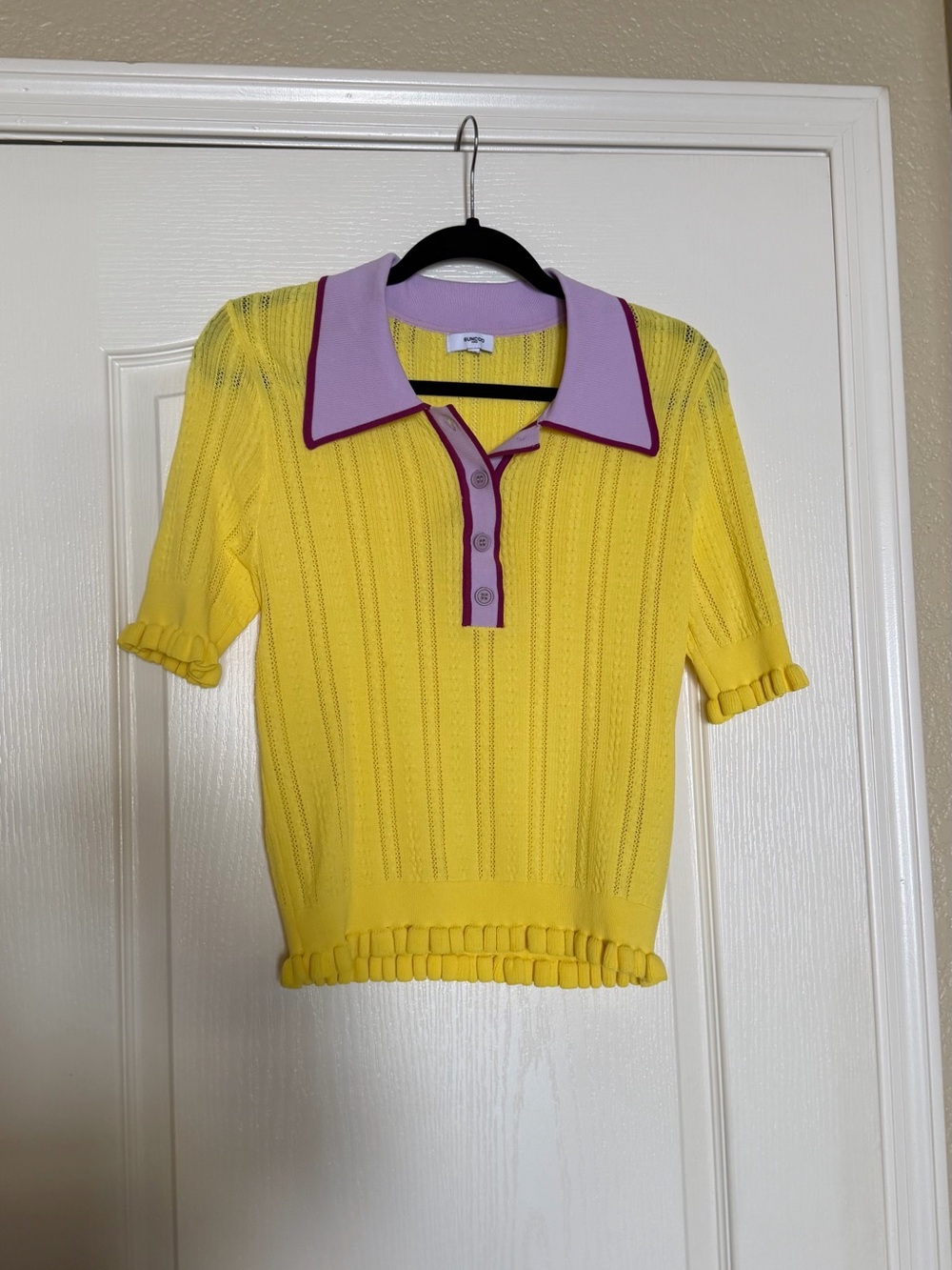 SUNCOO Yellow Knit Polo with Lilac Collar
